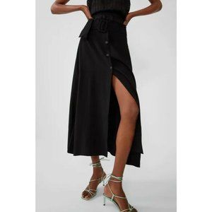 New ZARA Women's Size XS Black Belted Buttoned Midi Skirt A-Line High-Waisted